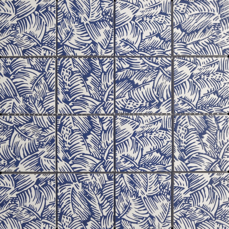 Blue & White Palm Tree Pattern Glazed Ceramic 3"x3"