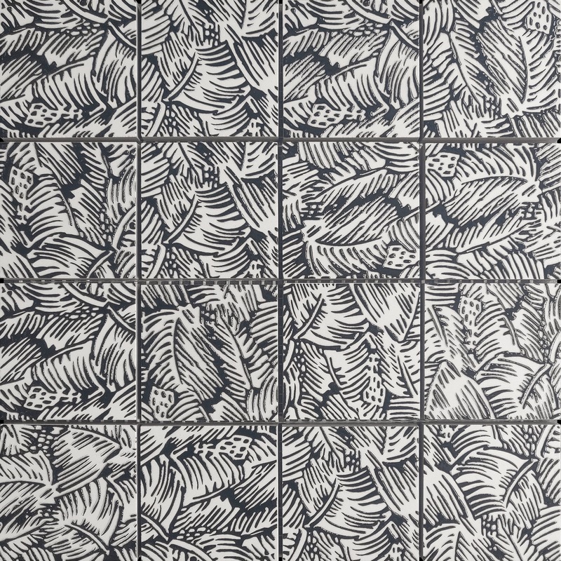 Black & White Palm Tree Pattern Glazed Ceramic 3"x3"