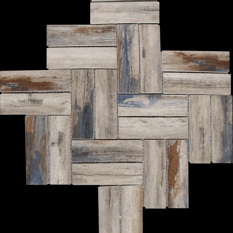 Herringbone Wood Look Beige Brown Blue Matte