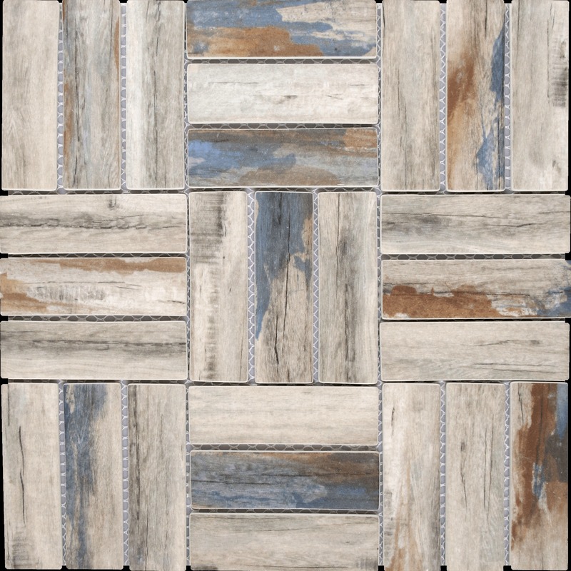 Stacked Square Wood Look Beige Brown Blue Matte
